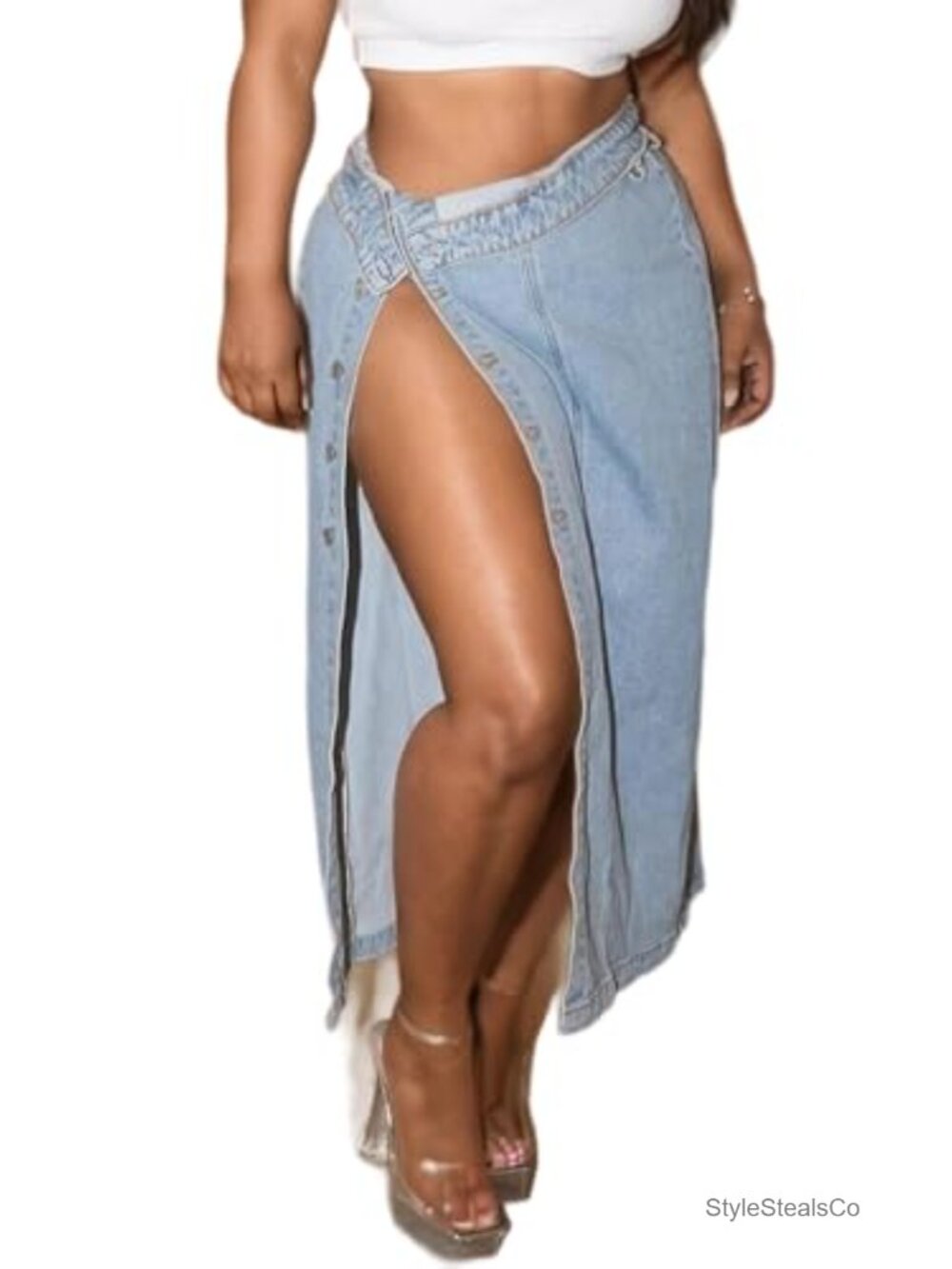 High Waisted Denim Maxi Skirt with Slit Button Down Long Jean Skirt